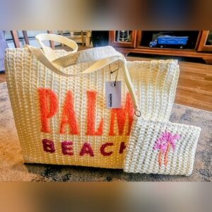 Palm Beach Woven Tote Bag - Cream and Pink w Wristlet